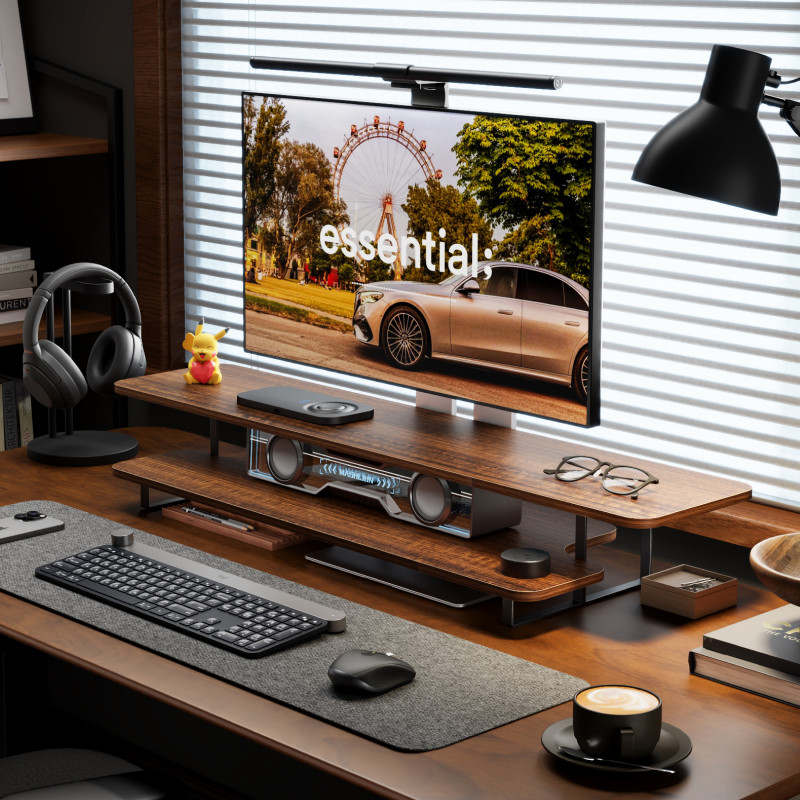Walnut Finish Monitor Stand Ri - Desk Setup With Laptop And Monitor ulasan dan harga