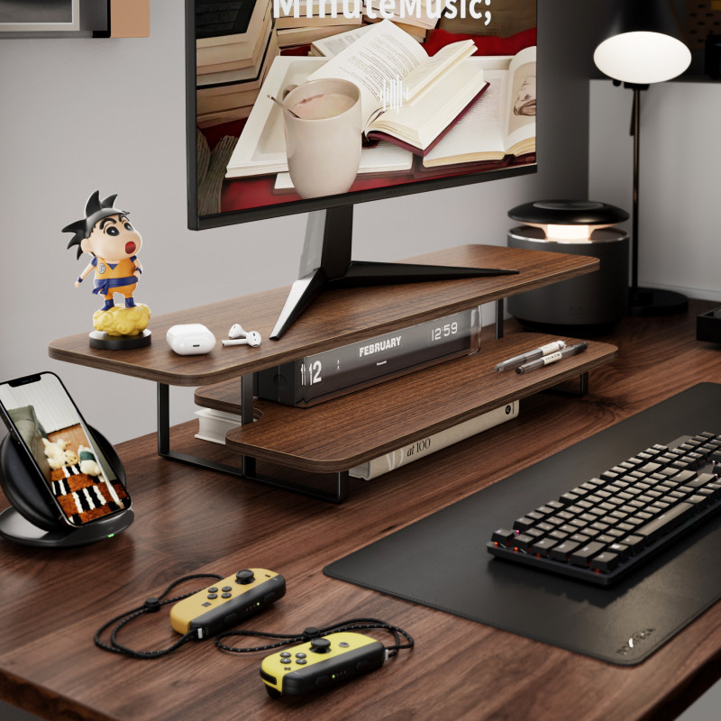 Walnut Finish Monitor Stand Ri - Desk Setup With Laptop And Monitor ulasan dan harga